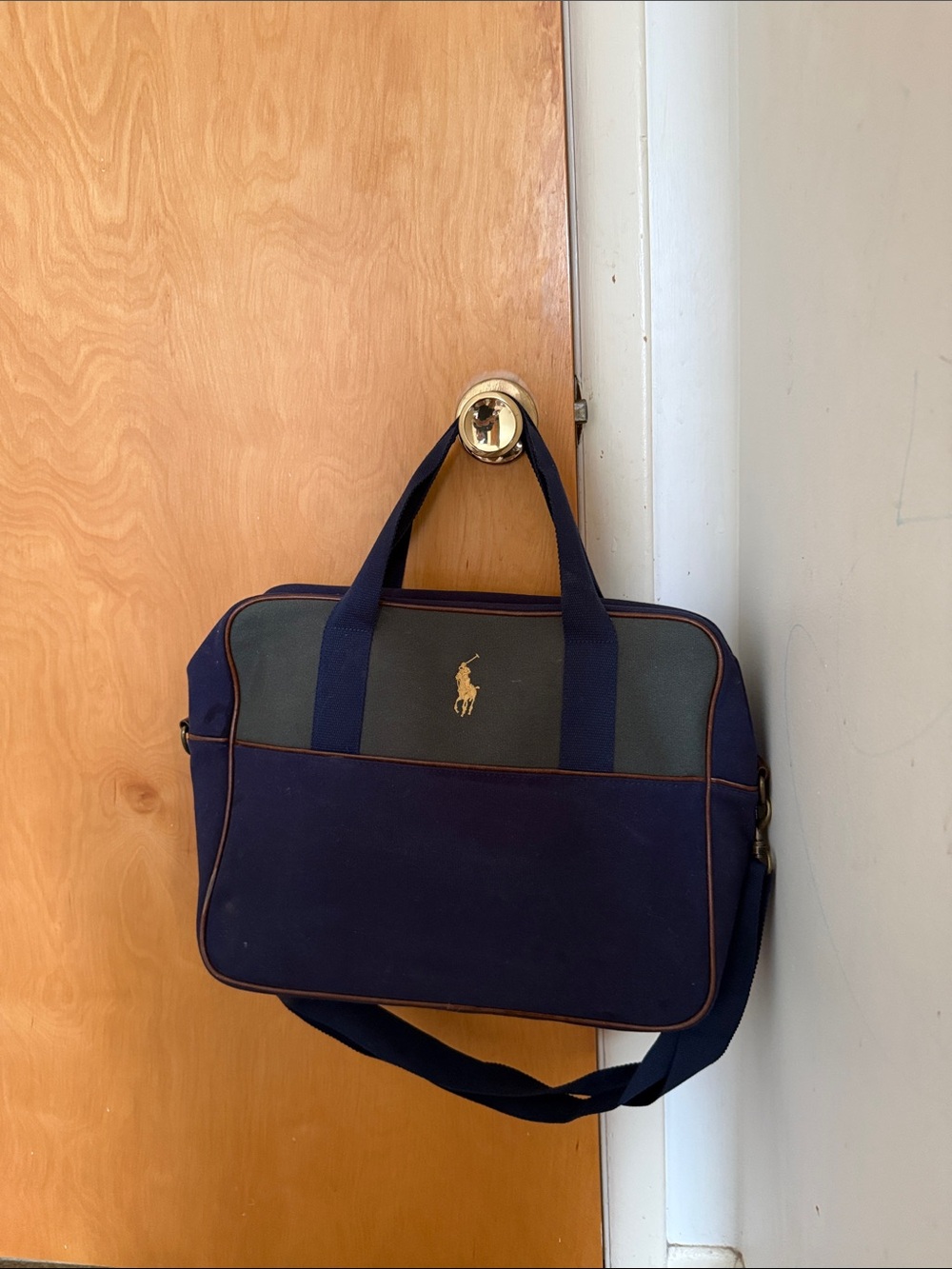 Ralph Lauren Navy Canvas Laptop Briefcase with Green Panel and Tan Trim